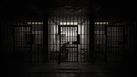 Inside prison cell with inmate sitting on a bed. 